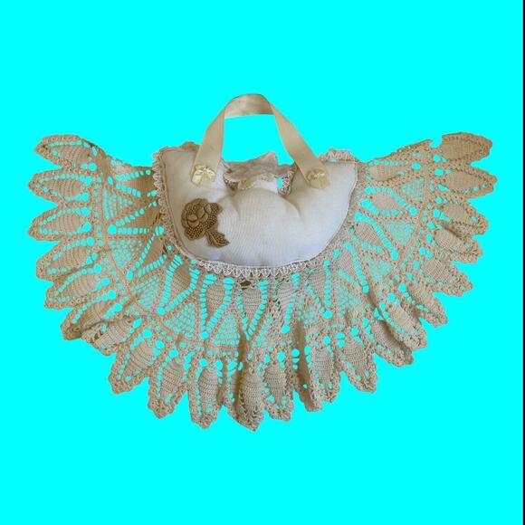 Vtg Handmade Hanging Doll Pin Cushion Crochet Doily Skirt Appliqués Ribbon 20x12 - Picture 5 of 10